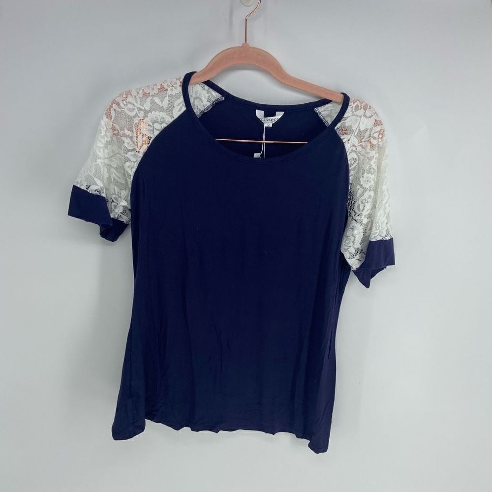 New Meanoer Women's Navy Blue White Short Sleeve Cotton Lace Tunic T-Shirt